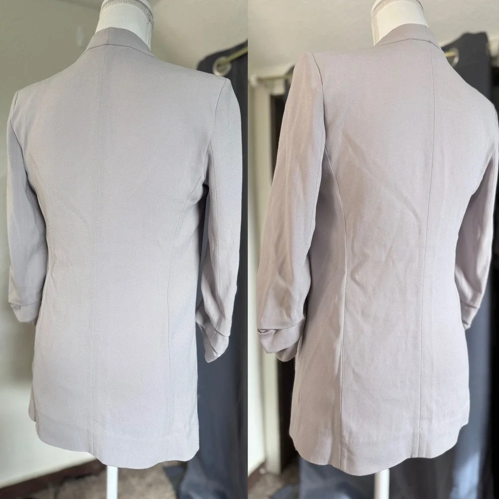 Babaton Aritzia Power Hip Blazer 0 Mauve Taupe Ruched 3/4 Sleeve Open Front